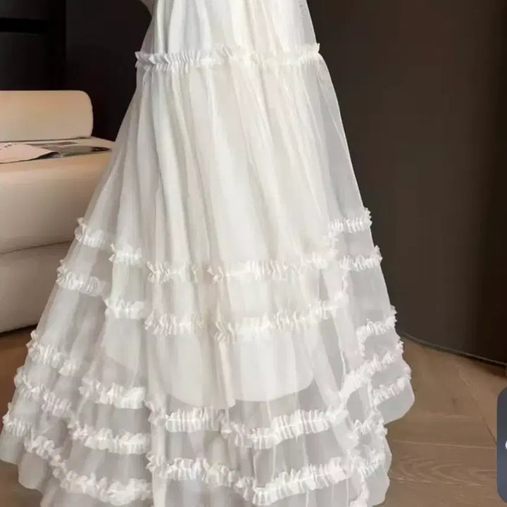 [BUNJANG] White Tiered Chiffon Ruffle Long Skirt / 화이트 캉캉 롱 스커트 쉬폰 프릴 / 데일리 캐주얼 빈티지 모리걸 y2k
