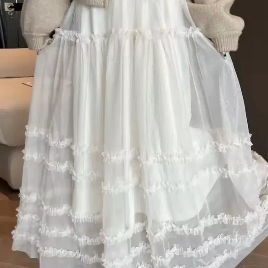 [BUNJANG] White Tiered Chiffon Ruffle Long Skirt / 화이트 캉캉 롱 스커트 쉬폰 프릴 / 데일리 캐주얼 빈티지 모리걸 y2k