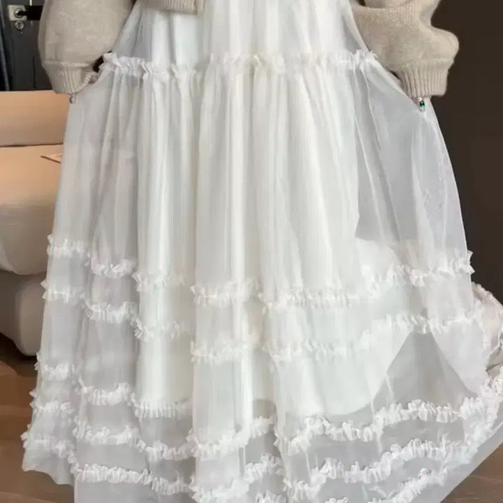 [BUNJANG] White Tiered Chiffon Ruffle Long Skirt / 화이트 캉캉 롱 스커트 쉬폰 프릴 / 데일리 캐주얼 빈티지 모리걸 y2k