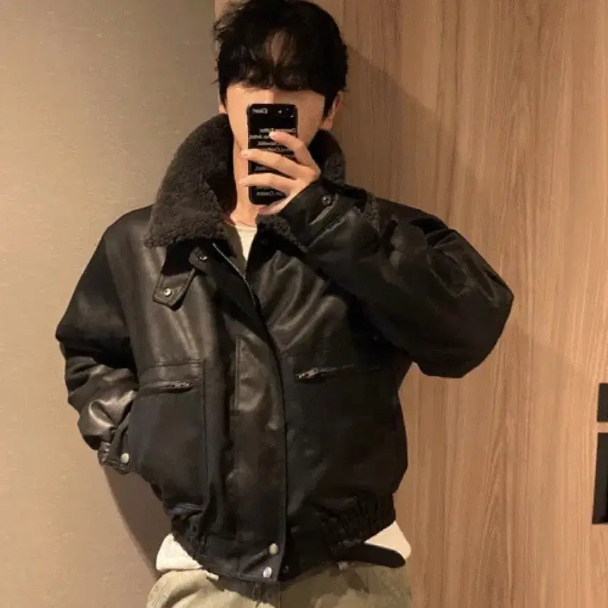 [BUNJANG] Vague Dot Crop Leather Mustang Jacket L / 베이그 도트 크롭 레더 무스탕 자켓 L