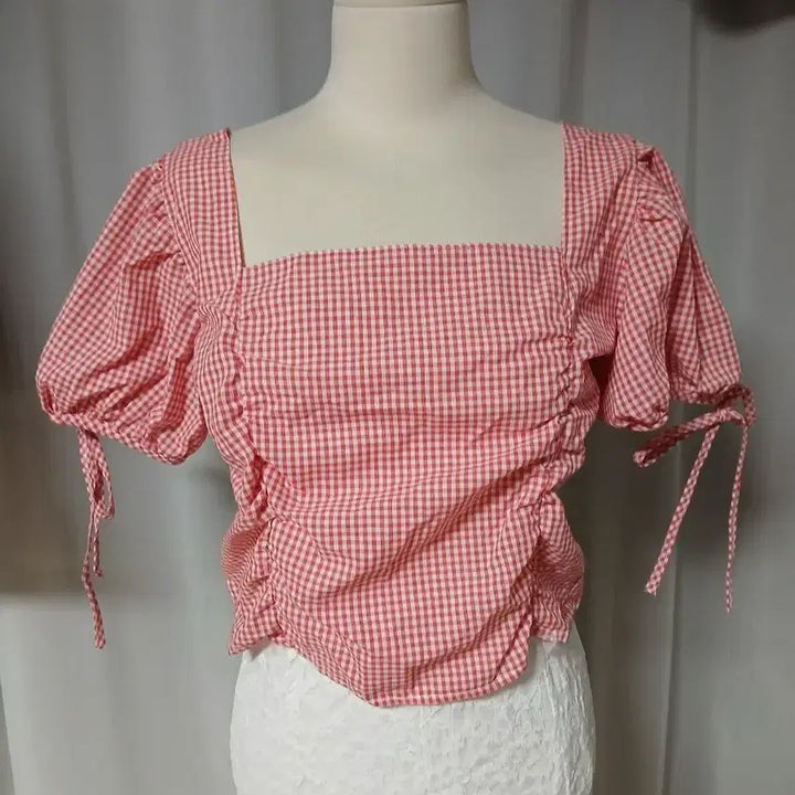 [BUNJANG] Gingham Check Shirred Blouse / 레드,연노랑) 깅엄 체크 셔링 블라우스