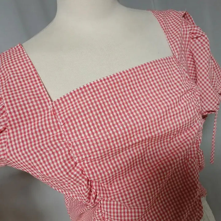 [BUNJANG] Gingham Check Shirred Blouse / 레드,연노랑) 깅엄 체크 셔링 블라우스