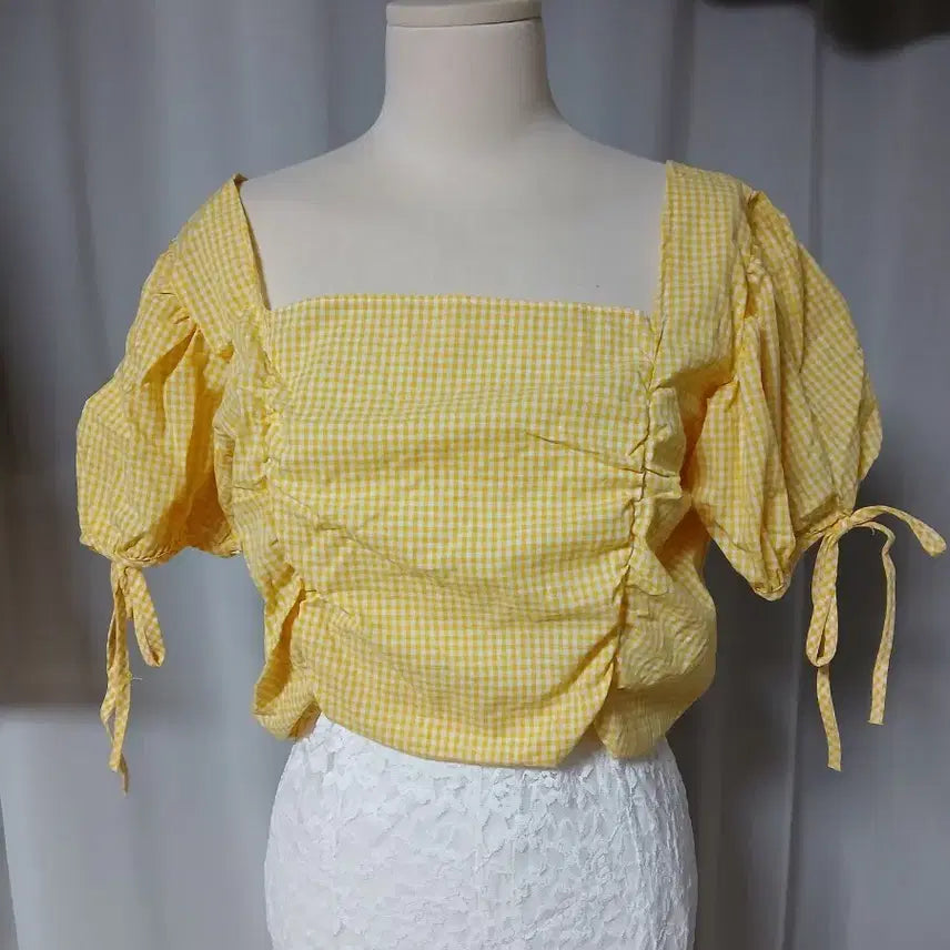 [BUNJANG] Gingham Check Shirred Blouse / 레드,연노랑) 깅엄 체크 셔링 블라우스