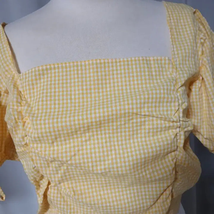 [BUNJANG] Gingham Check Shirred Blouse / 레드,연노랑) 깅엄 체크 셔링 블라우스