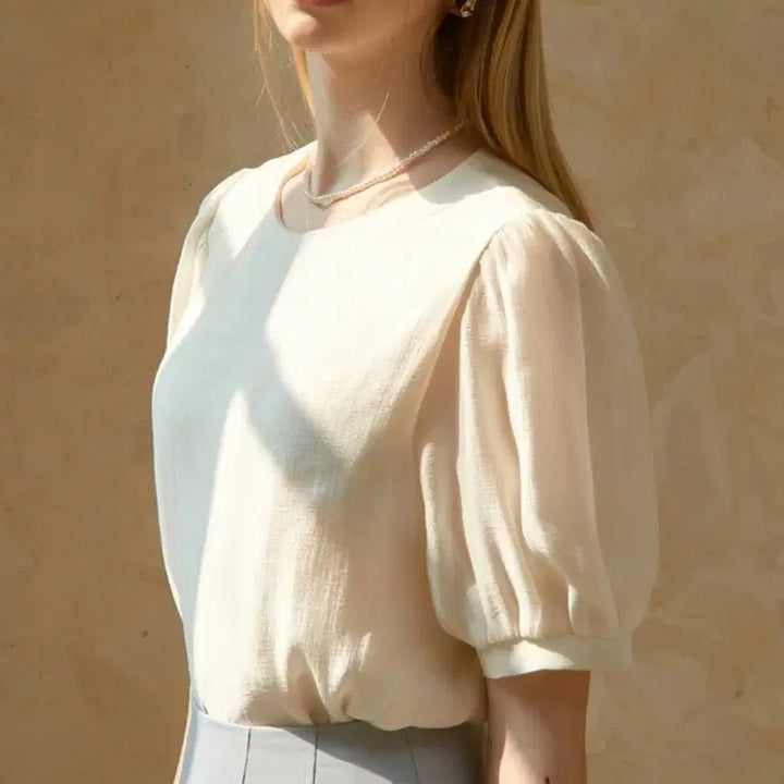 [BUNJANG] Zurutti Sheer Round Blouse - Ivory / 새상품] 주르티 시스루 라운드 블라우스 반팔 / 아이보리