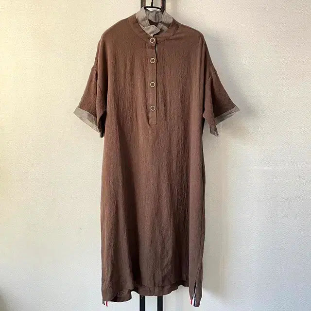 [BUNJANG] Linen Dress with Brown Tape Detail / 브라운 테잎 장식 린넨 원피스