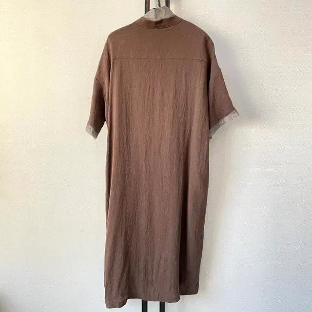[BUNJANG] Linen Dress with Brown Tape Detail / 브라운 테잎 장식 린넨 원피스