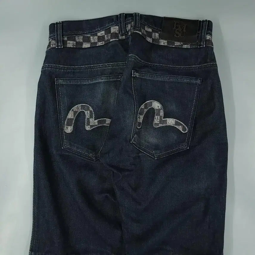 [BUNJANG] EVISU Checkered Wash Jeans / 에비수 진청워싱 체커보드 힐스 절개 글리터 배기핏 Y2K 청바지 데님팬츠