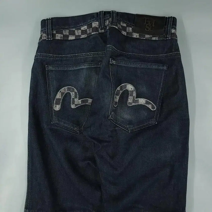 [BUNJANG] EVISU Checkered Wash Jeans / 에비수 진청워싱 체커보드 힐스 절개 글리터 배기핏 Y2K 청바지 데님팬츠