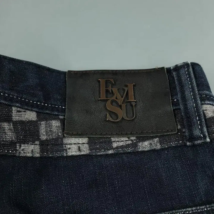 [BUNJANG] EVISU Checkered Wash Jeans / 에비수 진청워싱 체커보드 힐스 절개 글리터 배기핏 Y2K 청바지 데님팬츠