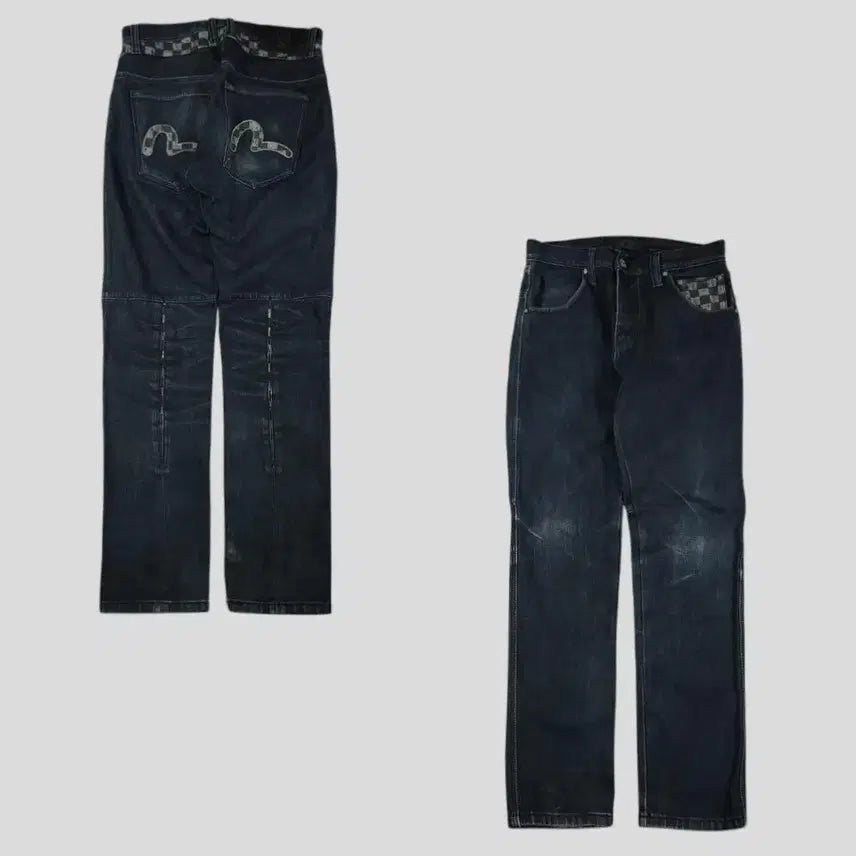 [BUNJANG] EVISU Checkered Wash Jeans / 에비수 진청워싱 체커보드 힐스 절개 글리터 배기핏 Y2K 청바지 데님팬츠