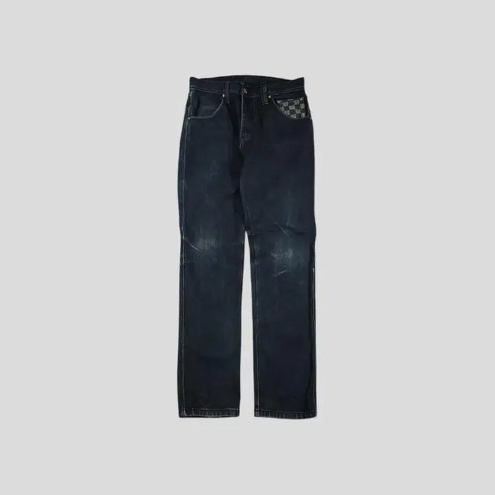 [BUNJANG] EVISU Checkered Wash Jeans / 에비수 진청워싱 체커보드 힐스 절개 글리터 배기핏 Y2K 청바지 데님팬츠