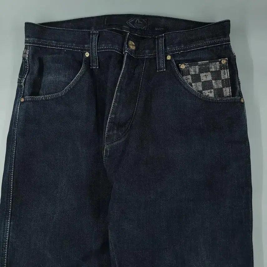 [BUNJANG] EVISU Checkered Wash Jeans / 에비수 진청워싱 체커보드 힐스 절개 글리터 배기핏 Y2K 청바지 데님팬츠