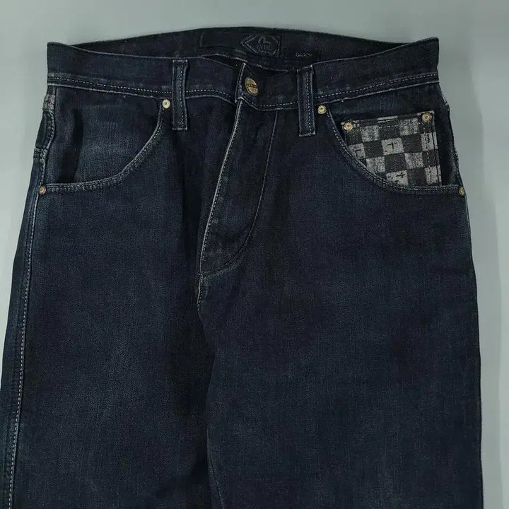 [BUNJANG] EVISU Checkered Wash Jeans / 에비수 진청워싱 체커보드 힐스 절개 글리터 배기핏 Y2K 청바지 데님팬츠