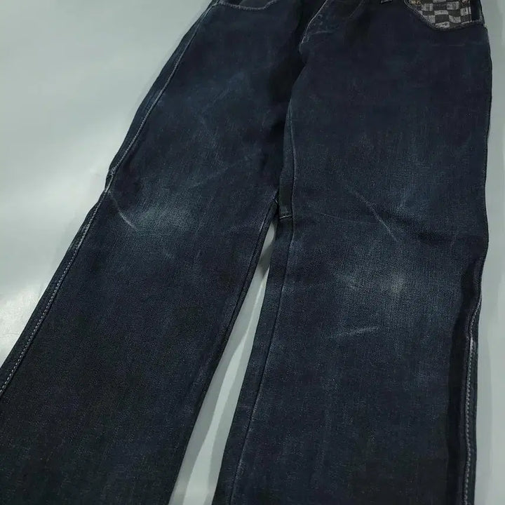 [BUNJANG] EVISU Checkered Wash Jeans / 에비수 진청워싱 체커보드 힐스 절개 글리터 배기핏 Y2K 청바지 데님팬츠
