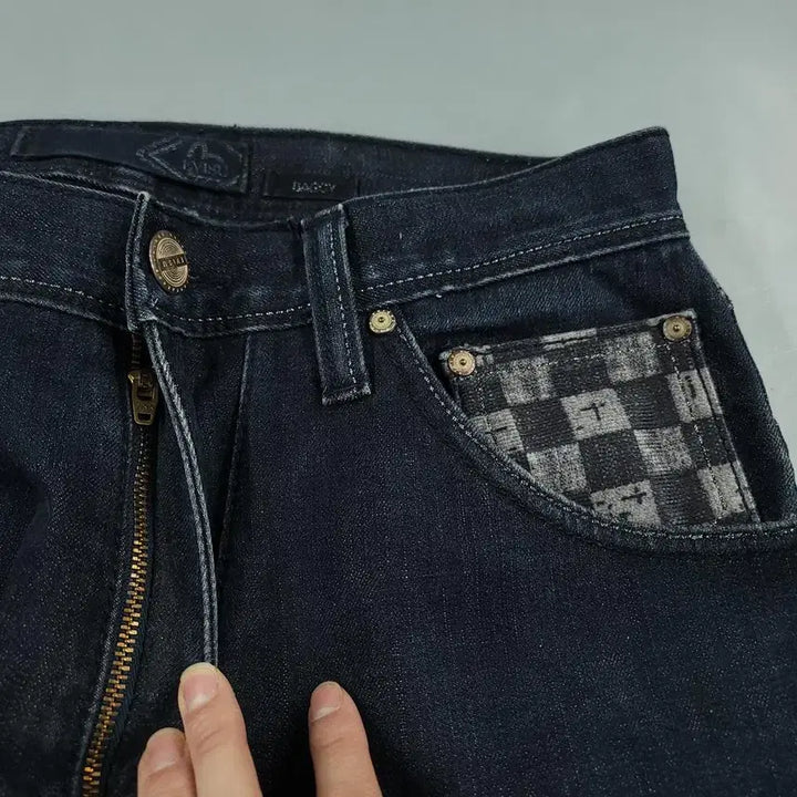 [BUNJANG] EVISU Checkered Wash Jeans / 에비수 진청워싱 체커보드 힐스 절개 글리터 배기핏 Y2K 청바지 데님팬츠