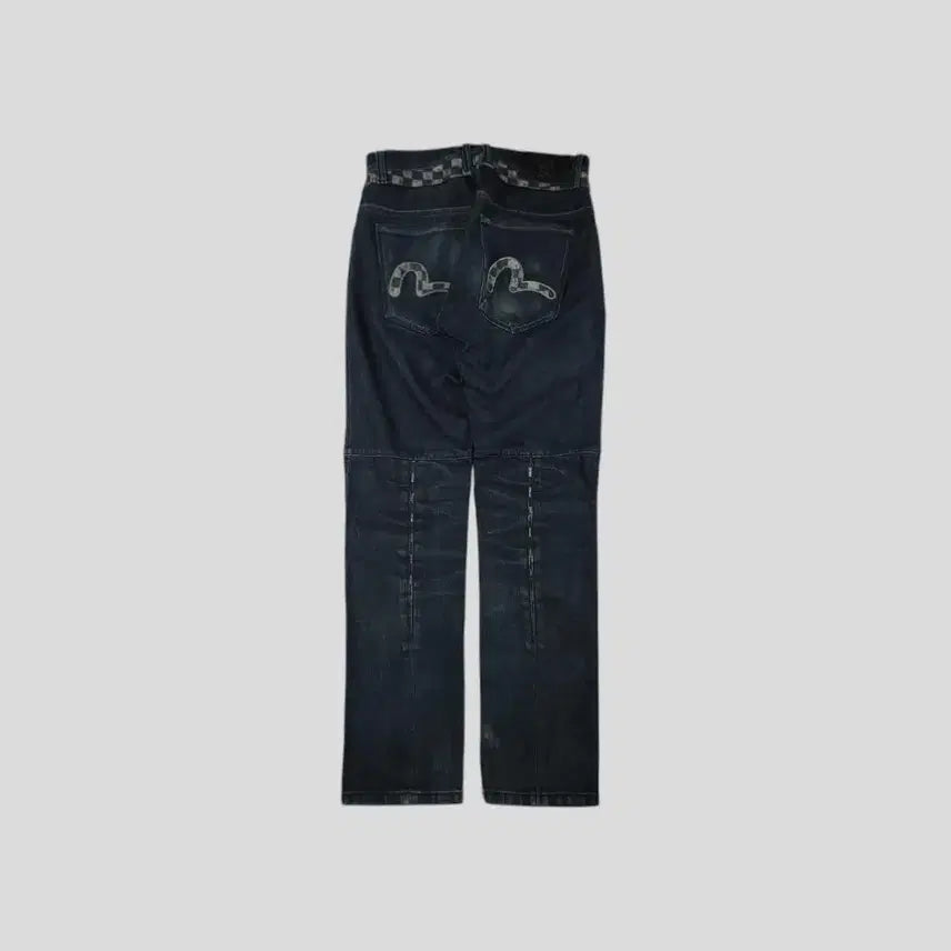 [BUNJANG] EVISU Checkered Wash Jeans / 에비수 진청워싱 체커보드 힐스 절개 글리터 배기핏 Y2K 청바지 데님팬츠