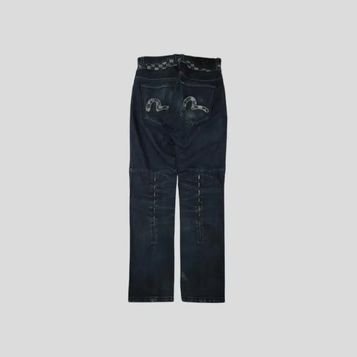 [BUNJANG] EVISU Checkered Wash Jeans / 에비수 진청워싱 체커보드 힐스 절개 글리터 배기핏 Y2K 청바지 데님팬츠