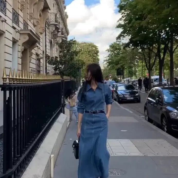 [BUNJANG] Bron Flare Denim Long Dress / 브론 플레어 데님 롱 원피스