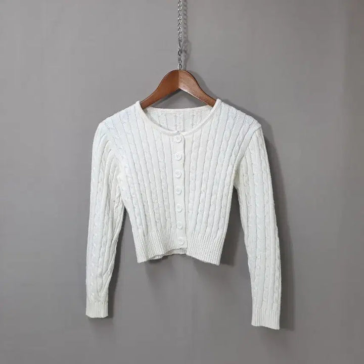 [BUNJANG] White Cable Knit Crop Cardigan / 화이트 꽈배기 크롭 니트 가디건