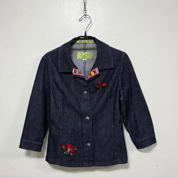 [BUNJANG] GIVY Denim Jacket Floral Embroidery 3/4 Sleeve / GIVY 데님 자켓 꽃 자수 칠부 소매.260306