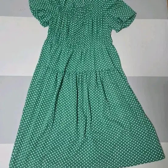 [SOLD OUT] 여성의류 그린 플라워 롱 원피스 도트 반팔 롱 원피스