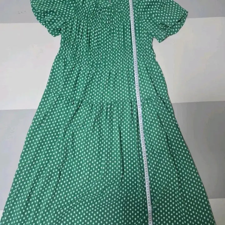 [SOLD OUT] 여성의류 그린 플라워 롱 원피스 도트 반팔 롱 원피스