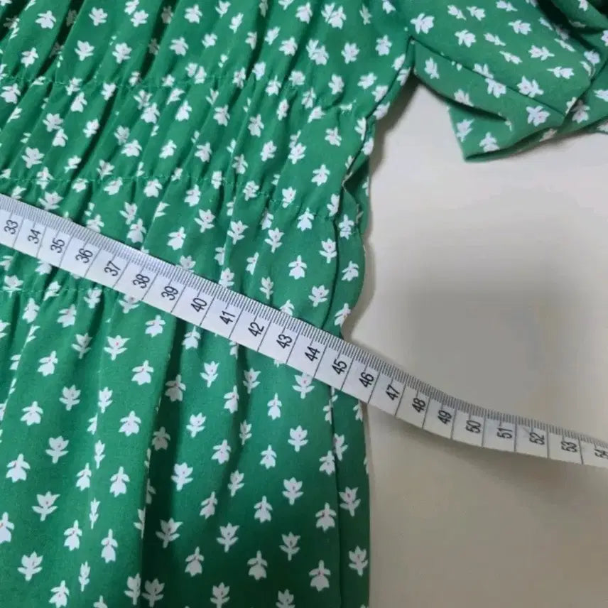 [SOLD OUT] 여성의류 그린 플라워 롱 원피스 도트 반팔 롱 원피스