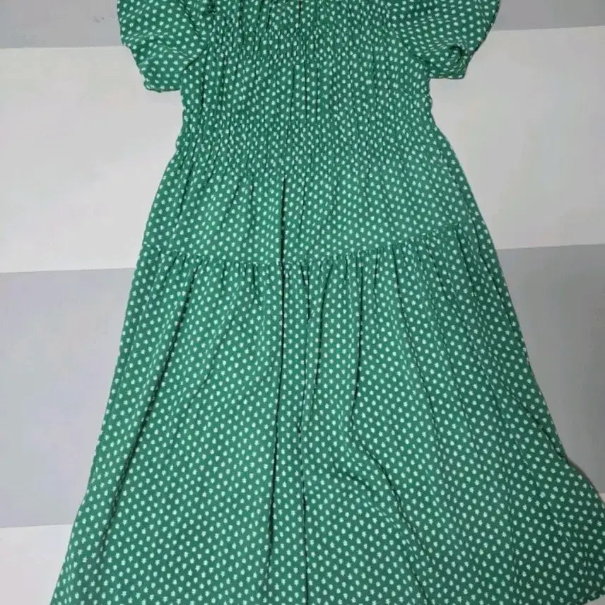 [SOLD OUT] 여성의류 그린 플라워 롱 원피스 도트 반팔 롱 원피스