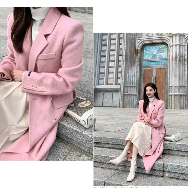 [BUNJANG] Angora Wool Double Handmade Pink Long Coat / 울앙고라 더블 핸드메이드 핑크 롱코트