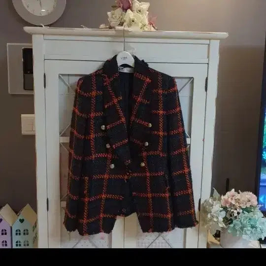 [BUNJANG] ZARA Tweed Jacket - Orange Grid Pattern / 자라 트위드자켓 /55