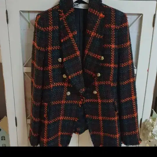 [BUNJANG] ZARA Tweed Jacket - Orange Grid Pattern / 자라 트위드자켓 /55