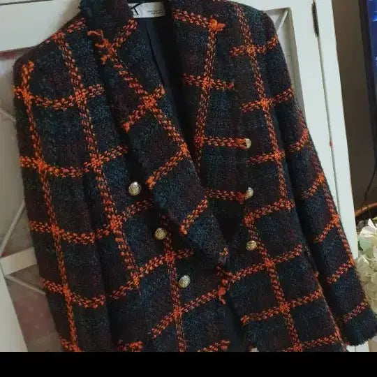 [BUNJANG] ZARA Tweed Jacket - Orange Grid Pattern / 자라 트위드자켓 /55