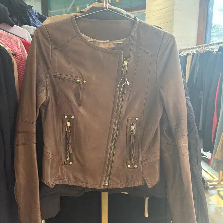 [BUNJANG] Benetton Brown Leather Rider Jacket / 베네통 브라운 가죽 라이더 자켓