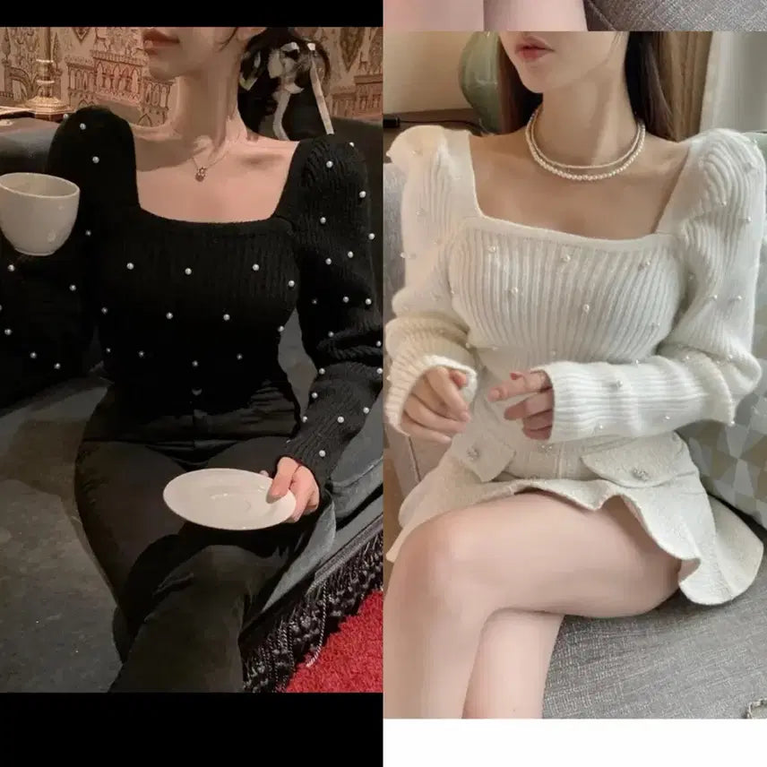[BUNJANG] Square Neck Knit Top / 진주 스퀘어넥 니트 화이트 퍼프