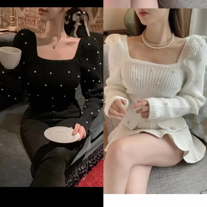 [BUNJANG] Square Neck Knit Top / 진주 스퀘어넥 니트 화이트 퍼프