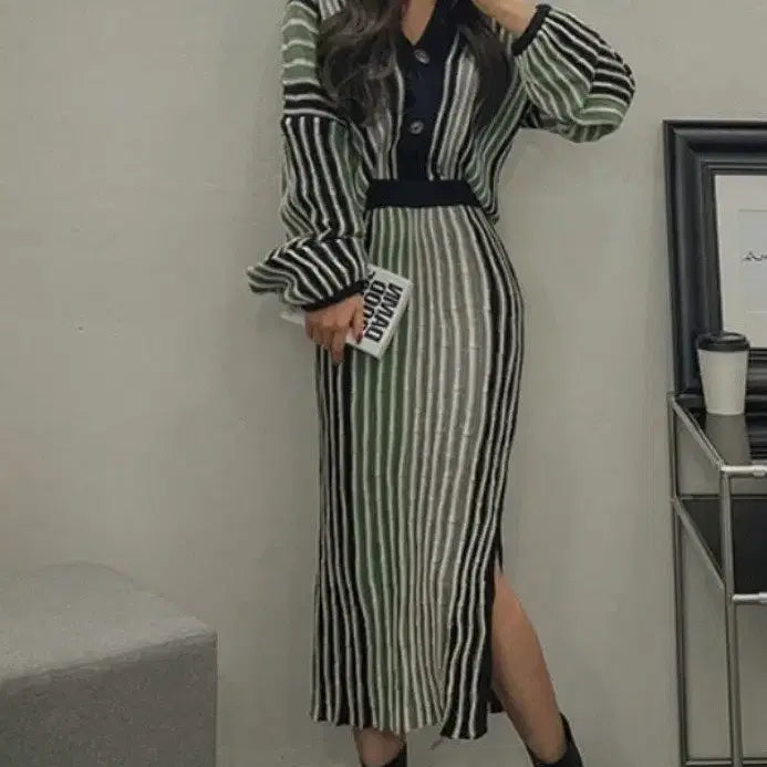 [BUNJANG] Striped Knit Two-Piece Set / 새상품))세트 스트라이프 니트 가디건 스커트