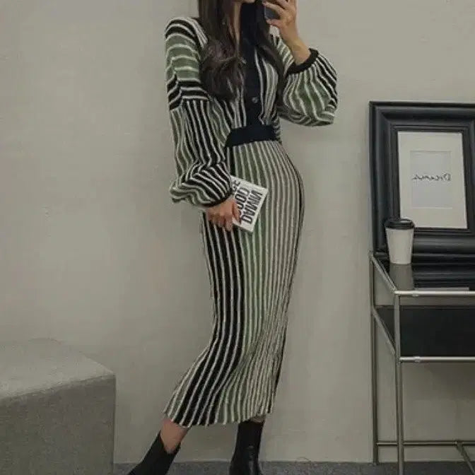 [BUNJANG] Striped Knit Two-Piece Set / 새상품))세트 스트라이프 니트 가디건 스커트
