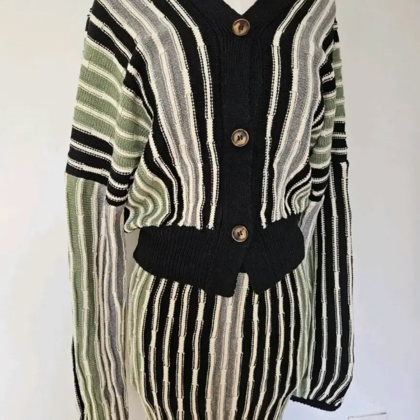 [BUNJANG] Striped Knit Two-Piece Set / 새상품))세트 스트라이프 니트 가디건 스커트
