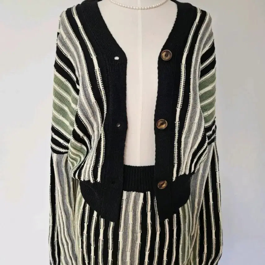 [BUNJANG] Striped Knit Two-Piece Set / 새상품))세트 스트라이프 니트 가디건 스커트