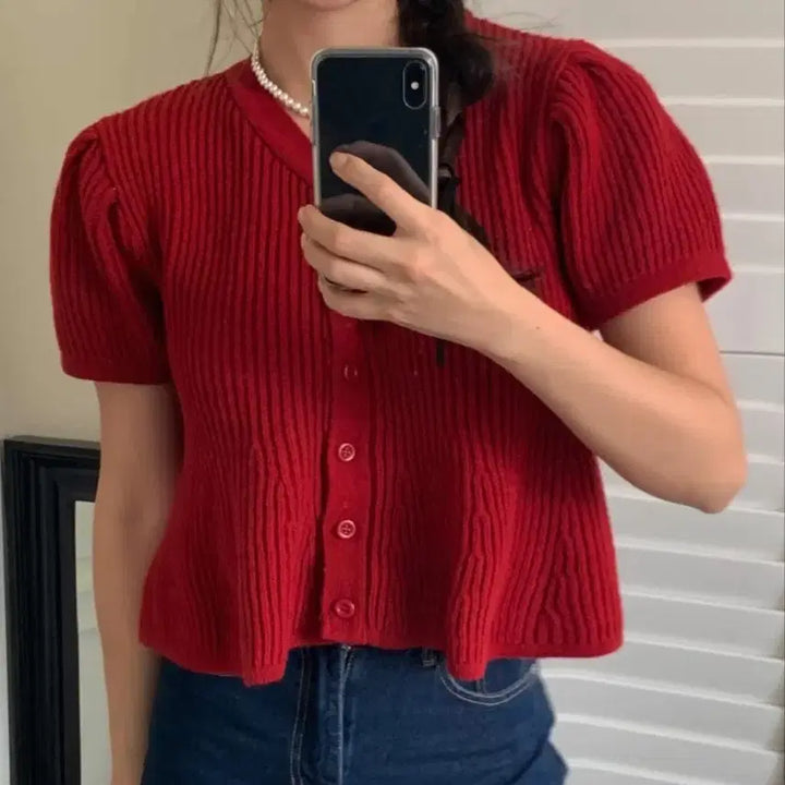 [BUNJANG] Puff Sleeve Knit Cardigan / 퍼프 반팔 니트가디건 새상품