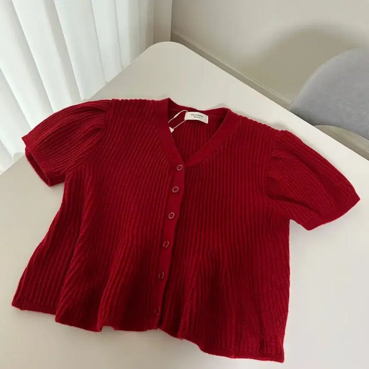 [BUNJANG] Puff Sleeve Knit Cardigan / 퍼프 반팔 니트가디건 새상품