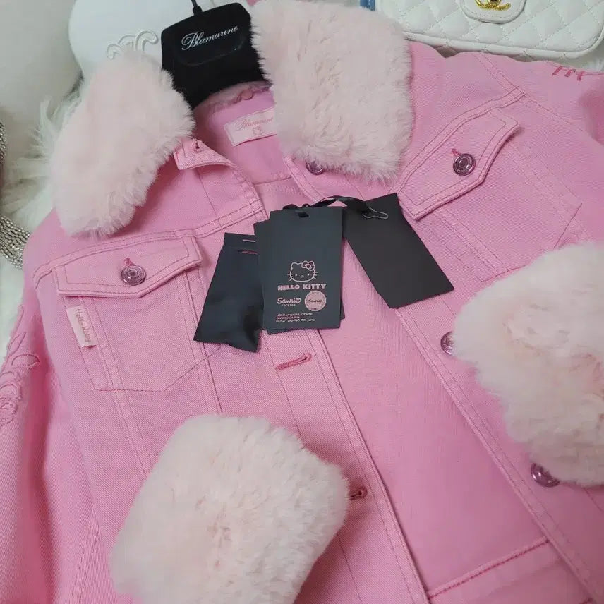 [BUNJANG] Blumarine Hello Kitty Pink Fur Collar Denim Jacket / 블루마린 헬로키티 핑크 퍼 카라 데님 자켓
