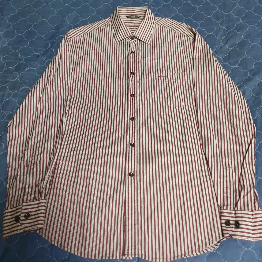 [BUNJANG] MAN STAR Stripe Long Sleeve Shirt (Red) / MAN STAR 스트라이프 긴팔셔츠 레드 (105)