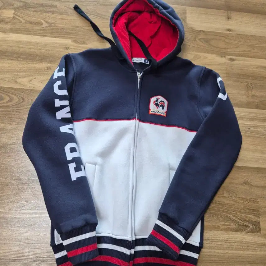 [BUNJANG] French Navy &amp; White Cotton Hooded Jumper / 프랑스 후드 집업 코튼 점퍼 아우터