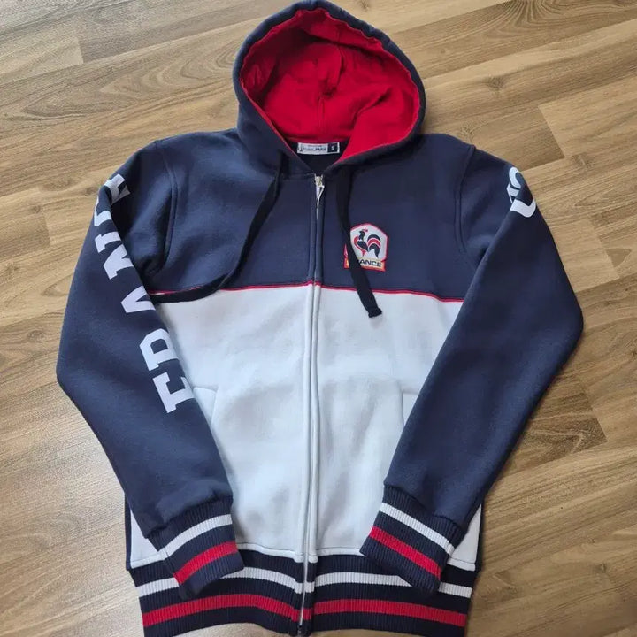 [BUNJANG] French Navy &amp; White Cotton Hooded Jumper / 프랑스 후드 집업 코튼 점퍼 아우터