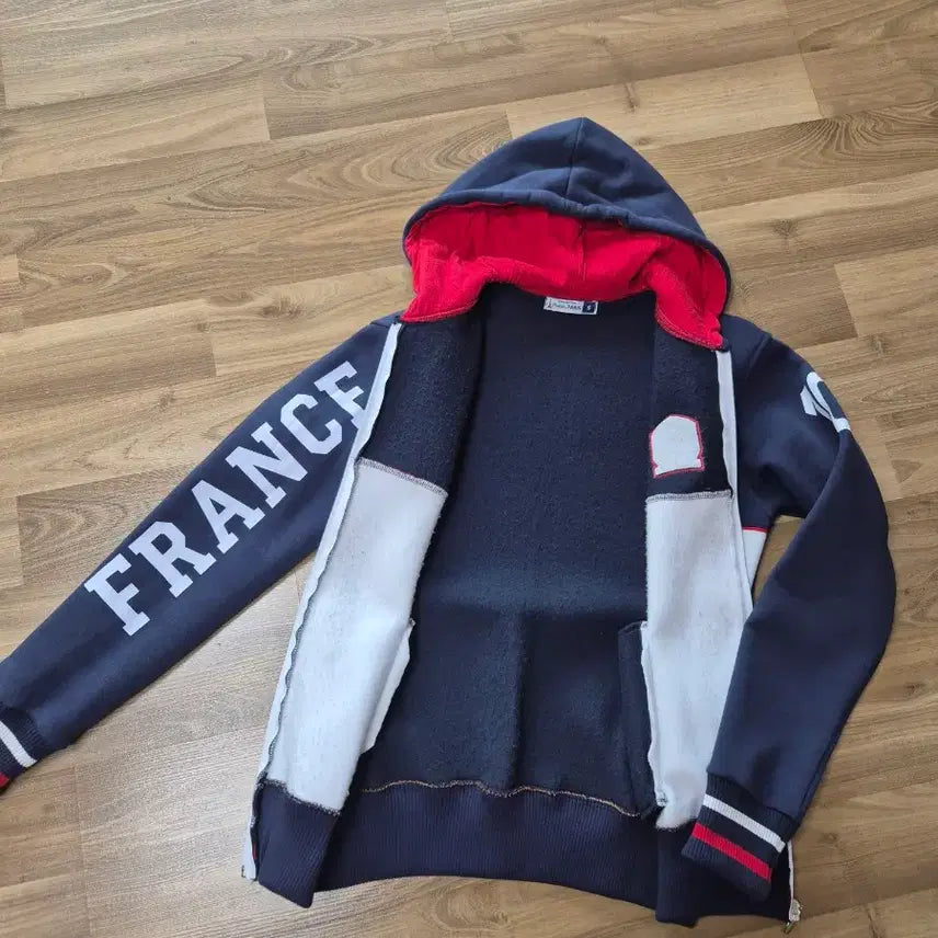 [BUNJANG] French Navy &amp; White Cotton Hooded Jumper / 프랑스 후드 집업 코튼 점퍼 아우터