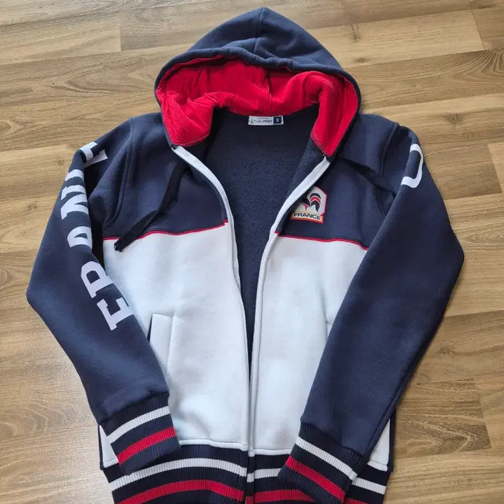 [BUNJANG] French Navy &amp; White Cotton Hooded Jumper / 프랑스 후드 집업 코튼 점퍼 아우터