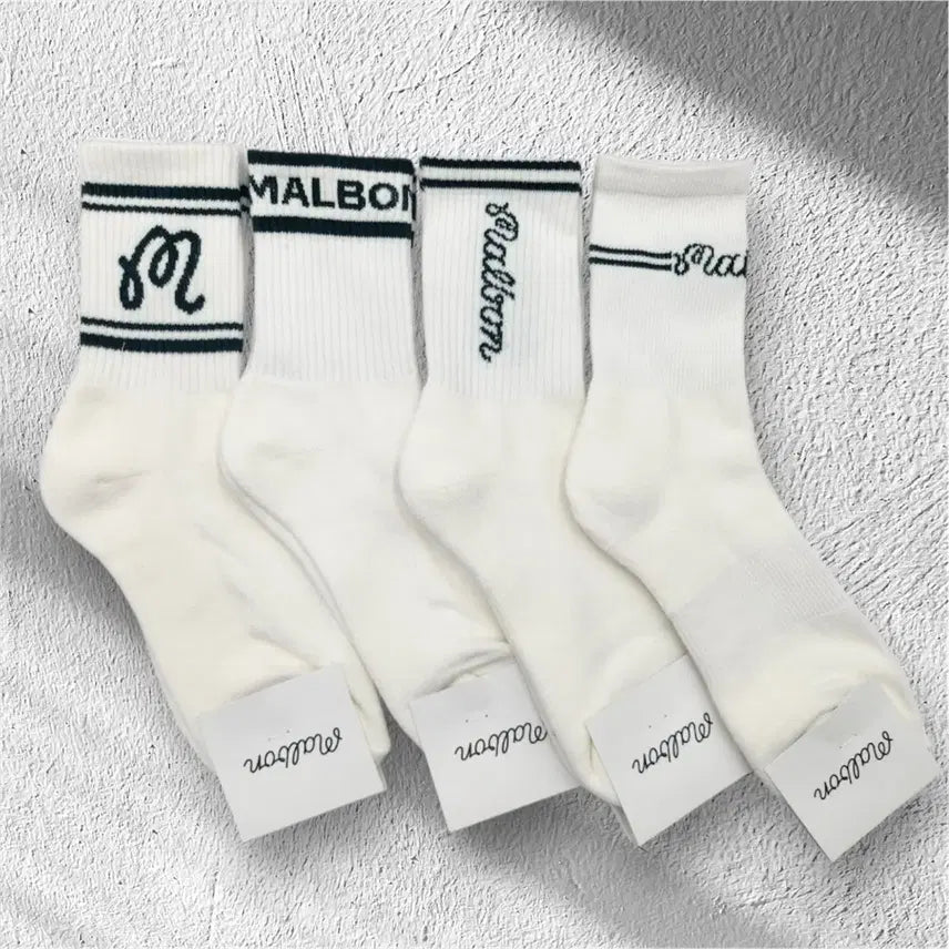 [BUNJANG] Malbon Lettering Logo Crew Socks (Set of 4) / 말본 이중쿠션 레터링로고 4종 장목양말