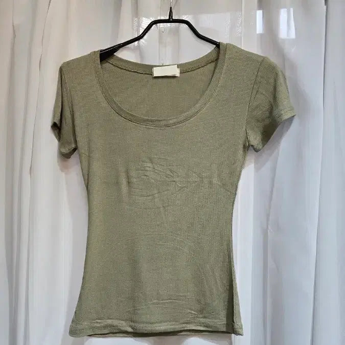 [BUNJANG] Khaki Ribbed Waistline Short Sleeve Top / 카키 허리라인 골지 반팔